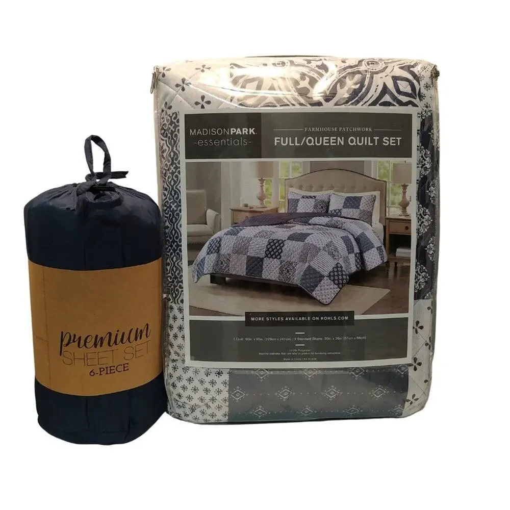 Patchwork Farmhouse Quilt & Navy Sheet Set F/Q